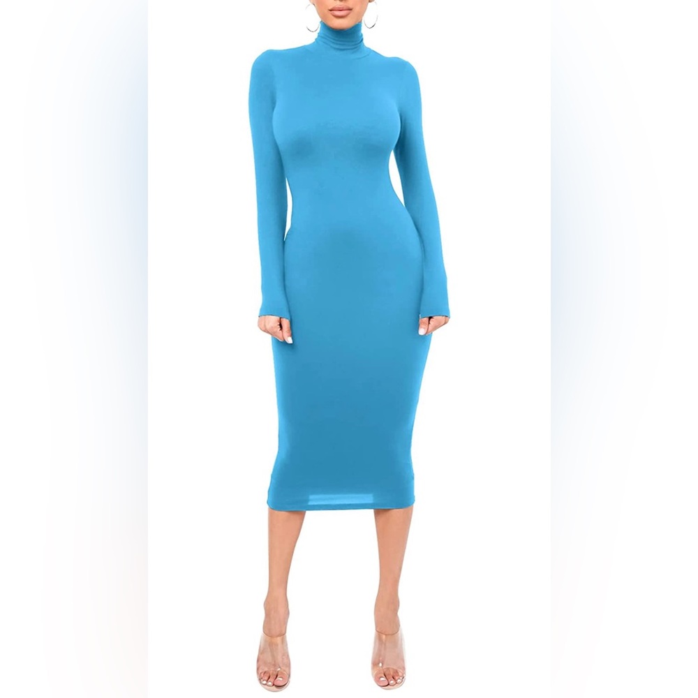 Women Basic Turtleneck Long Sleeve Bodycon Dress Midi Pencil Dress